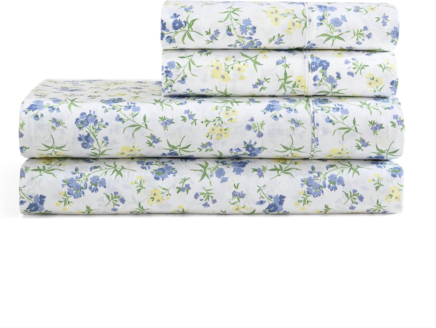 imageMartha Stewart Ruth Ditsy Floral 300TC 100 Cotton Percale Sheet Set BlueWhite 4 Piece 1 Flat Sheet 1 Fitted Sheet 2 Std Pillowcases Breathable Cotton Printed Bed Sheets Queen SizeTwin