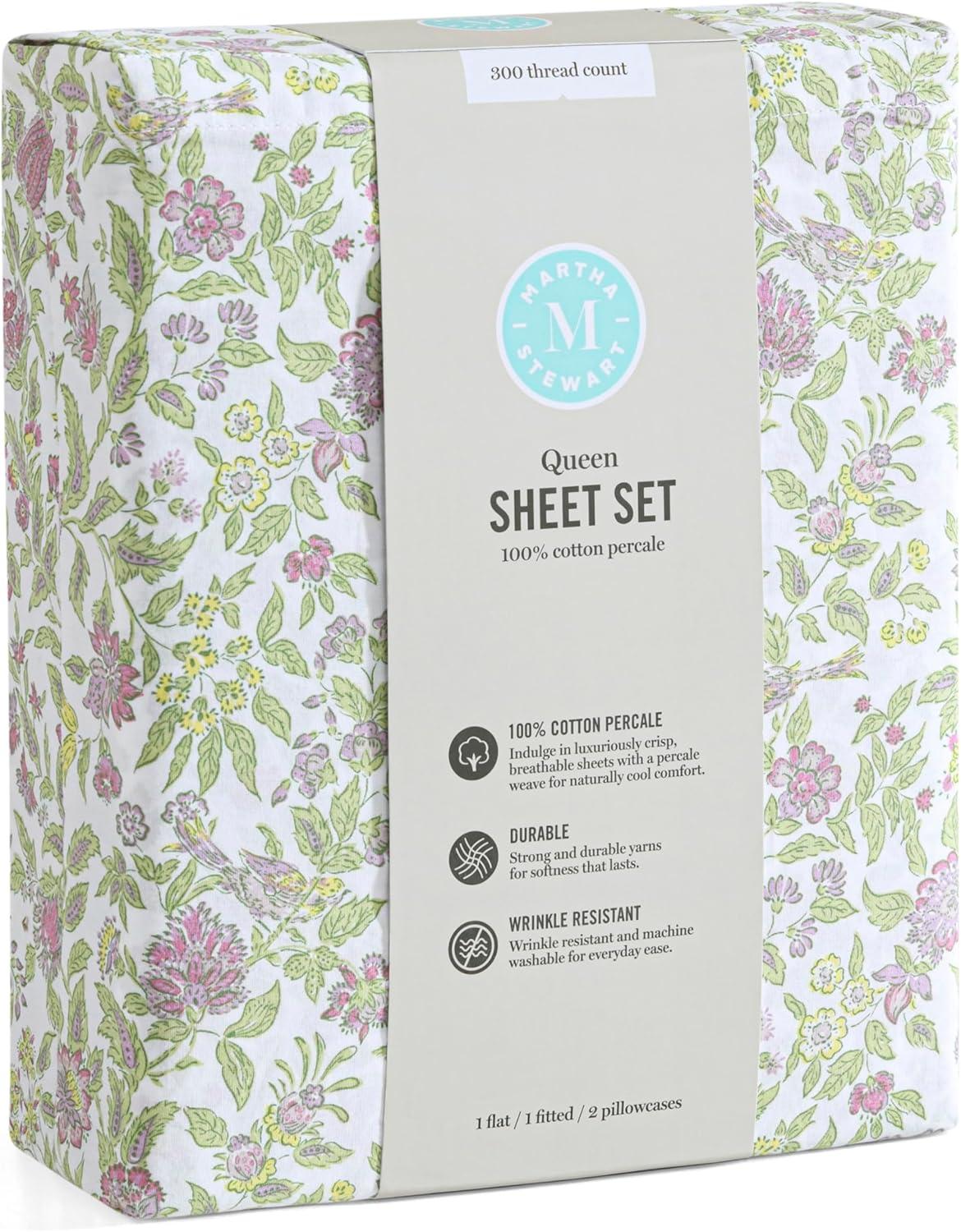 imageMartha Stewart Ruth Ditsy Floral 300TC 100 Cotton Percale Sheet Set BlueWhite 4 Piece 1 Flat Sheet 1 Fitted Sheet 2 Std Pillowcases Breathable Cotton Printed Bed Sheets Queen SizeTwin