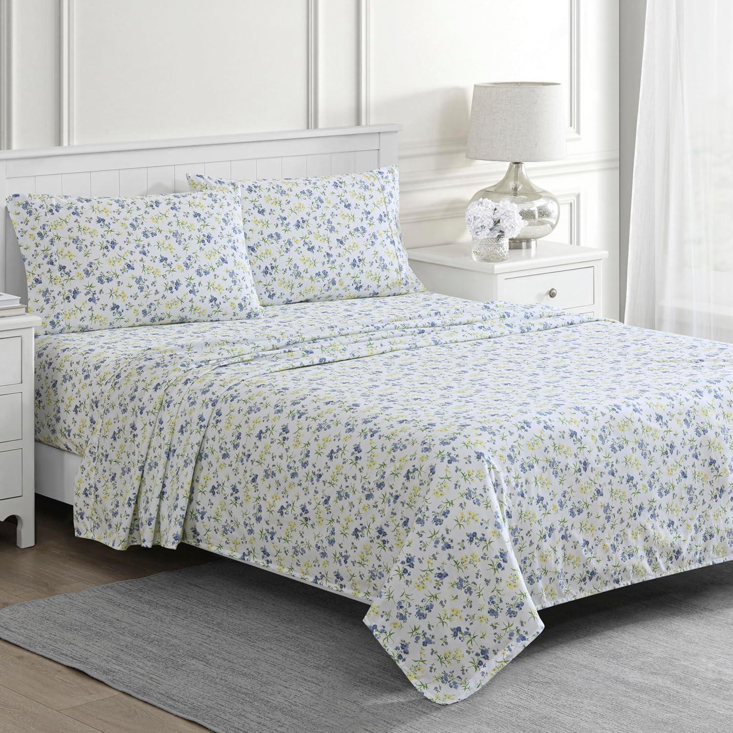 imageMartha Stewart Ruth Ditsy Floral 300TC 100 Cotton Percale Sheet Set BlueWhite 4 Piece 1 Flat Sheet 1 Fitted Sheet 2 Std Pillowcases Breathable Cotton Printed Bed Sheets Queen SizeTwin