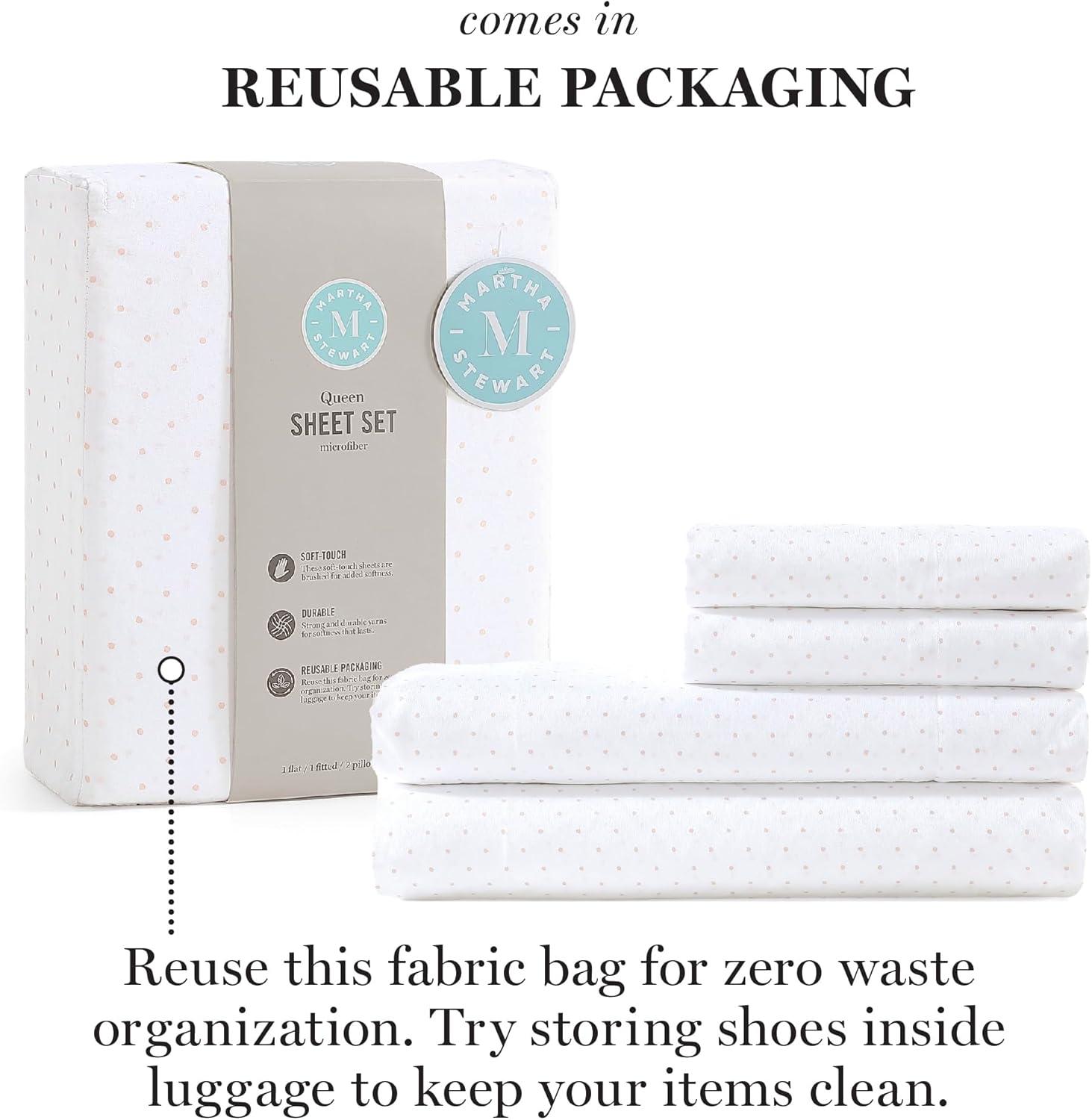 imageMartha Stewart Ultra Soft Brushed and Washed Microfiber 4 Piece Sheet Set Easy Care Deep Pocket Comfy Sheets 1 Flat Sheet 1 Fitted Sheet 2 Std Pillowcases Queen Size White amp Blush PinkSwissdot Rose