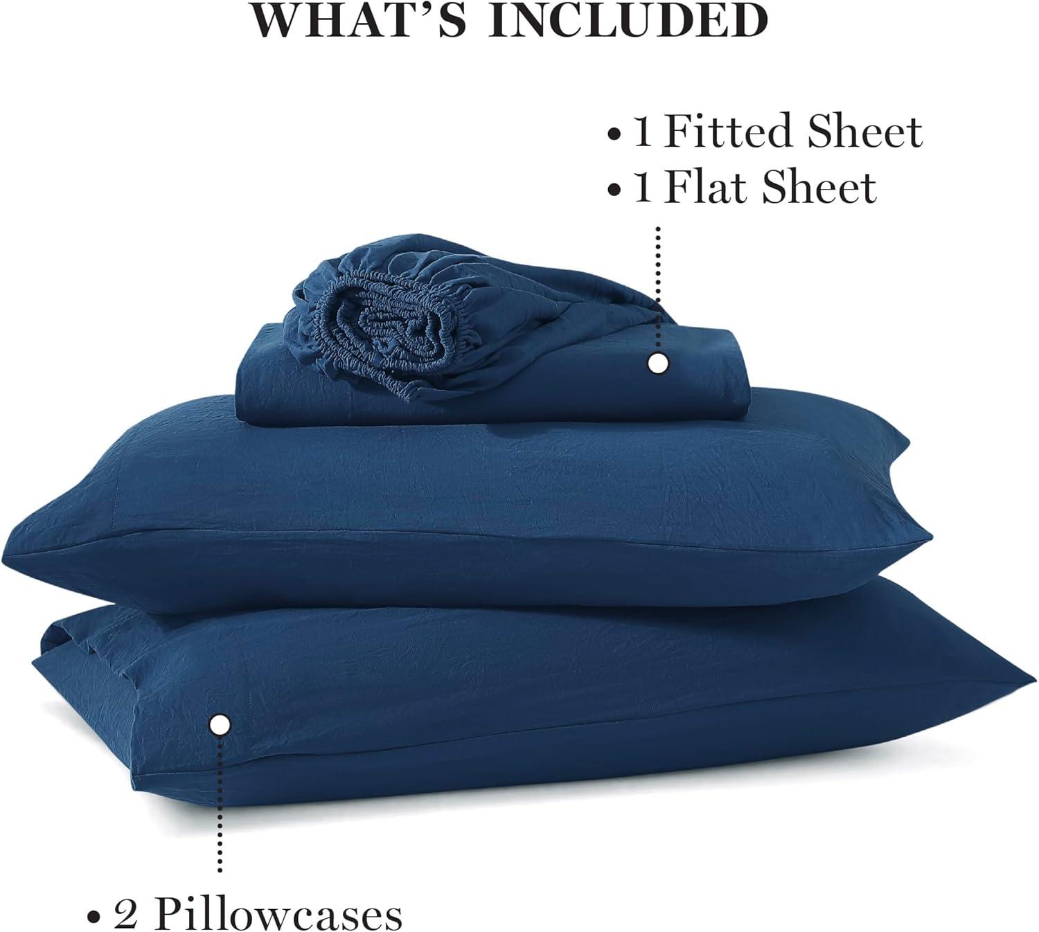 imageMartha Stewart Ultra Soft Brushed and Washed Microfiber 4 Piece Sheet Set Easy Care Deep Pocket Comfy Sheets 1 Flat Sheet 1 Fitted Sheet 2 Std Pillowcases Queen Size White amp Blush PinkNavy Peony