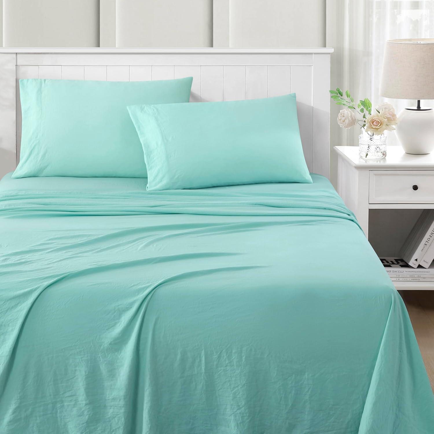 imageMartha Stewart Ultra Soft Brushed and Washed Microfiber 4 Piece Sheet Set Easy Care Deep Pocket Comfy Sheets 1 Flat Sheet 1 Fitted Sheet 2 Std Pillowcases Queen Size White amp Blush PinkBlue Tint