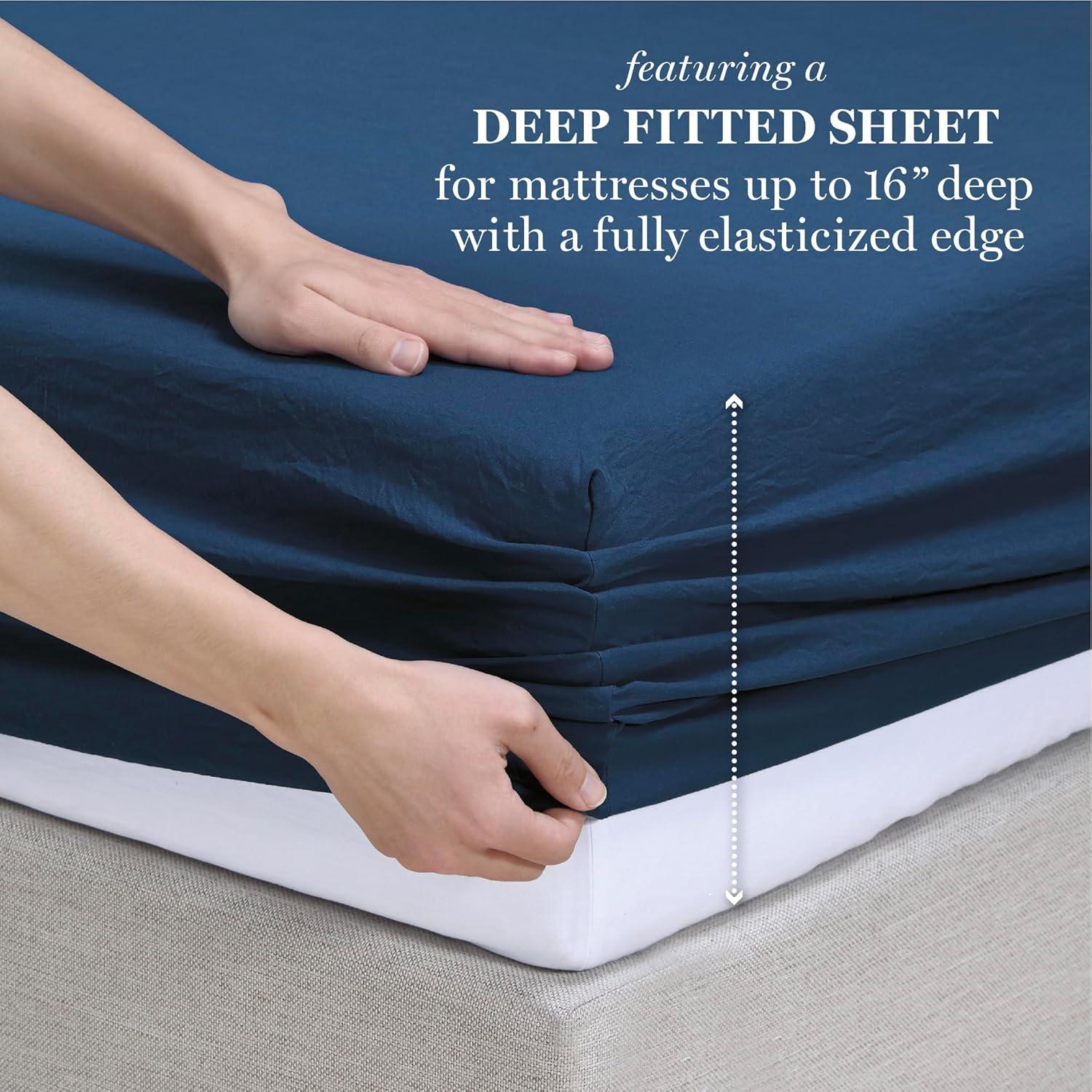 imageMartha Stewart Ultra Soft Brushed and Washed Microfiber 4 Piece Sheet Set Easy Care Deep Pocket Comfy Sheets 1 Flat Sheet 1 Fitted Sheet 2 Std Pillowcases Queen Size White amp Blush PinkNavy Peony