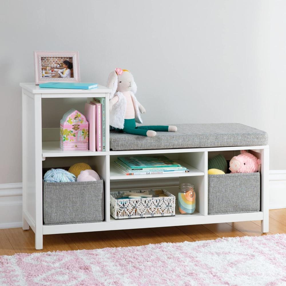 imageMartha Stewart Kids Jr Reading Nook with Bins Linen White Kids Wood Bookshelf and Storage Bench with Open Shelves and Canvas Storage Bins for Toys Games and Books Toddler Room Furniture