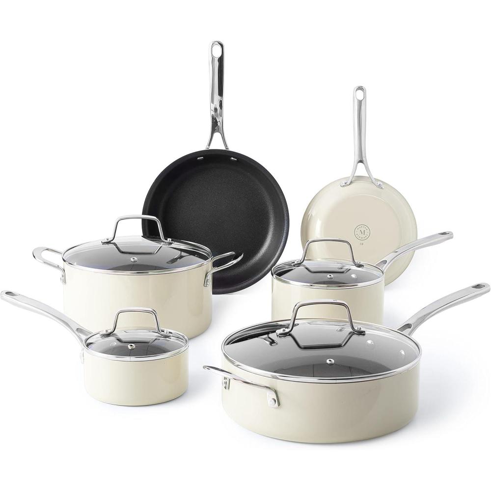 imageMartha Stewart Lockton Premium Nonstick 10 Piece Enamel Heavy Gauge Aluminum Pots and Pans Cookware Set Martha BlueLinen