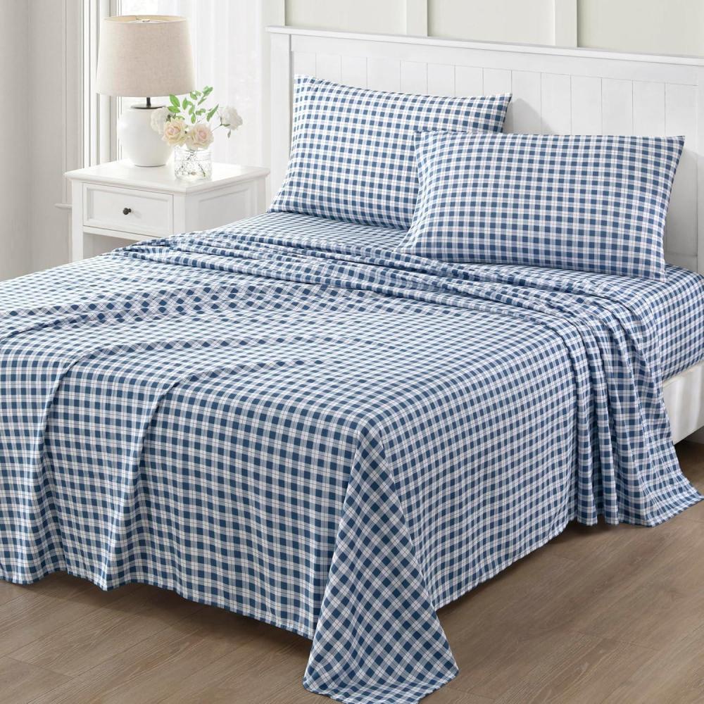imageMartha Stewart Ultra Soft Brushed and Washed Microfiber 4 Piece Sheet Set Easy Care Deep Pocket Comfy Sheets 1 Flat Sheet 1 Fitted Sheet 2 Std Pillowcases Queen Size White amp Blush PinkTodd Checks Blue