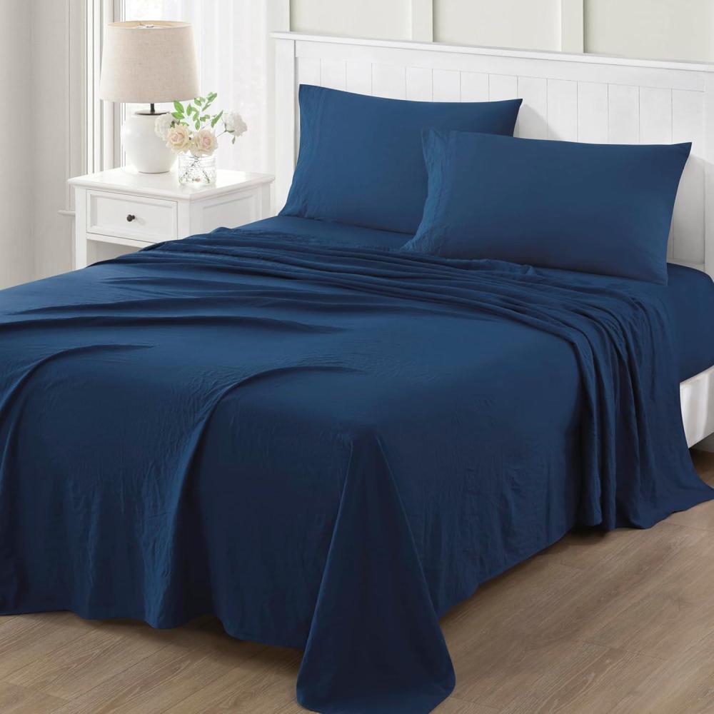 imageMartha Stewart Ultra Soft Brushed and Washed Microfiber 4 Piece Sheet Set Easy Care Deep Pocket Comfy Sheets 1 Flat Sheet 1 Fitted Sheet 2 Std Pillowcases Queen Size White amp Blush PinkNavy Peony