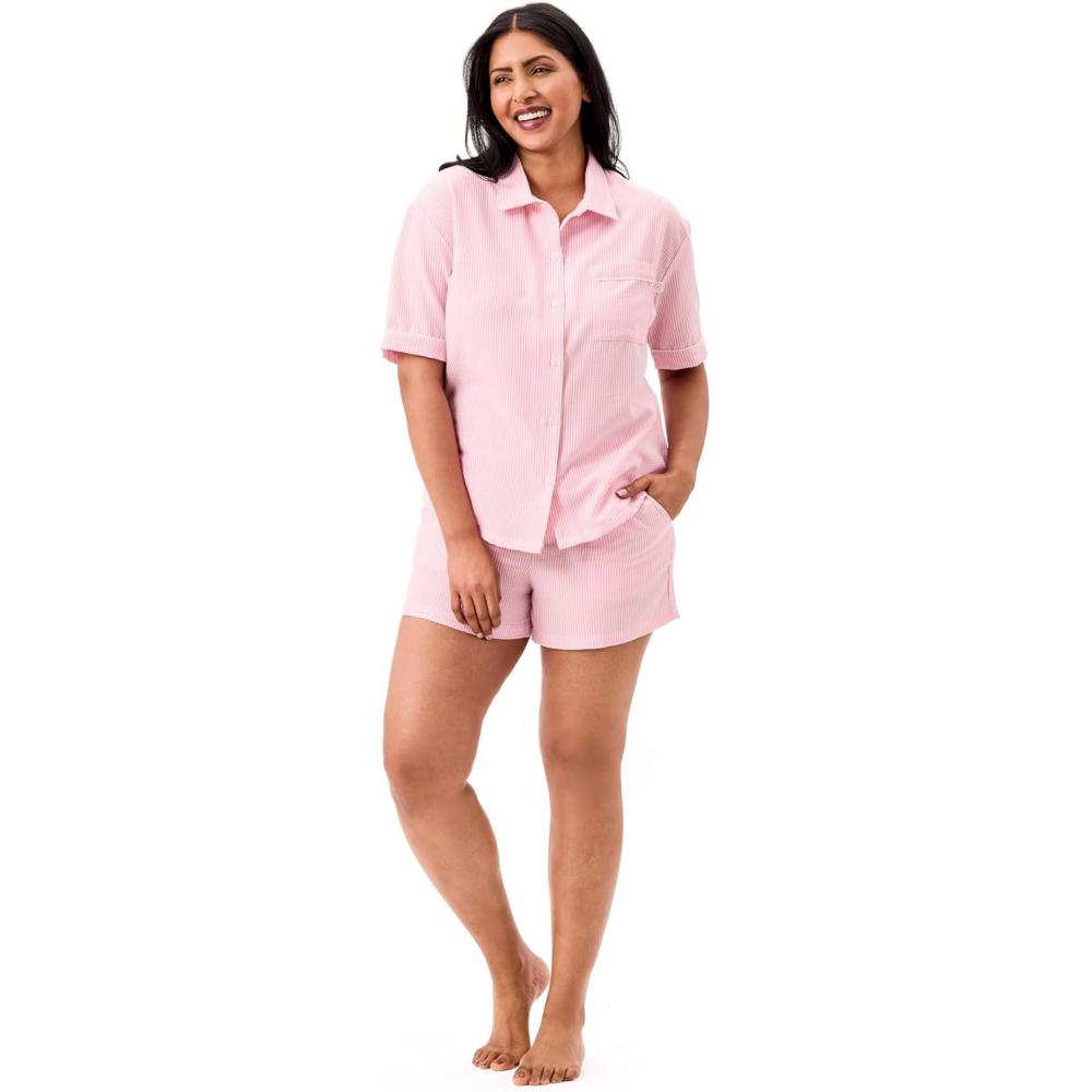 imageMartha Stewart Womens Seersucker Pajama Set  Short Sleeve Notch Collar Top amp Shorts Sleepwear Fuchsia Pink