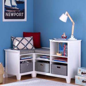 Martha Stewart Kids’ Corner Nook – Linen White: Wooden Storage Bench Bookcase Organizer with Seat Cushion and Fabric Bins for Reading in Bedroom or Playroom(Linen White)