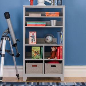Martha Stewart Kids’ Tall Bookcase – Linen White: 48 Inch Wooden Storage Organizer Cubby with Fabric Bins for Playroom and Bedroom(Grey)