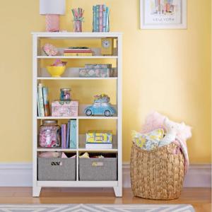 Martha Stewart Kids’ Tall Bookcase – Linen White: 48 Inch Wooden Storage Organizer Cubby with Fabric Bins for Playroom and Bedroom(Linen White)