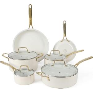 Martha Stewart Lockton 2 Piece 10″ & 12″ Heavy Gauge Aluminum Premium Nonstick Fry Pan Set – Linen(Linen w/ Gold Handle)