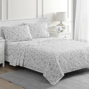 Martha Stewart Ruth Ditsy Floral 300TC 100% Cotton Percale Sheet Set, Blue/White, 4 Piece – 1 Flat Sheet, 1 Fitted Sheet, 2 Std Pillowcases, Breathable Cotton Printed Bed Sheets, Queen Size(Twin)