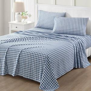 Martha Stewart Ultra Soft Brushed and Washed Microfiber 4 Piece Sheet Set, Easy Care, Deep Pocket Comfy Sheets, 1 Flat Sheet, 1 Fitted Sheet, 2 Std. Pillowcases, Queen Size, White & Blush Pink(Todd Checks Blue)