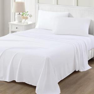 Martha Stewart Ultra Soft Brushed and Washed Microfiber 4 Piece Sheet Set, Easy Care, Deep Pocket Comfy Sheets, 1 Flat Sheet, 1 Fitted Sheet, 2 Std. Pillowcases, Queen Size, White & Blush Pink(Swissdot Rose)