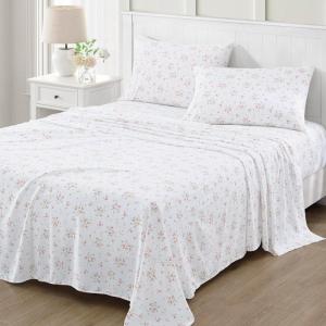 Martha Stewart Ultra Soft Brushed and Washed Microfiber 4 Piece Sheet Set, Easy Care, Deep Pocket Comfy Sheets, 1 Flat Sheet, 1 Fitted Sheet, 2 Std. Pillowcases, Queen Size, White & Blush Pink(Gigi Floral Rose Quartz)