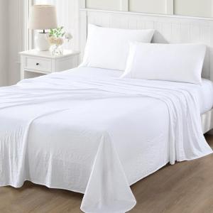 Martha Stewart Ultra Soft Brushed and Washed Microfiber 4 Piece Sheet Set, Easy Care, Deep Pocket Comfy Sheets, 1 Flat Sheet, 1 Fitted Sheet, 2 Std. Pillowcases, Queen Size, White & Blush Pink(Brilliant White)