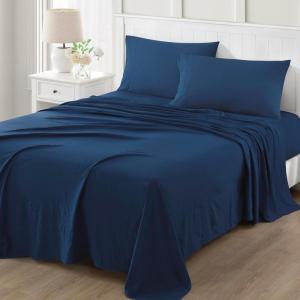 Martha Stewart Ultra Soft Brushed and Washed Microfiber 4 Piece Sheet Set, Easy Care, Deep Pocket Comfy Sheets, 1 Flat Sheet, 1 Fitted Sheet, 2 Std. Pillowcases, Queen Size, White & Blush Pink(Navy Peony)