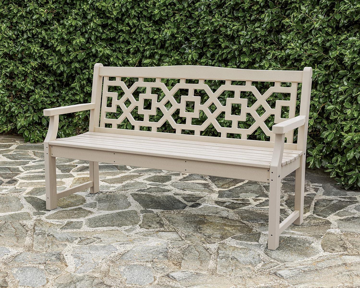 imageMartha Stewart by POLYWOOD Chinoiserie 60 Outdoor Bench Sand Durable AllWeather HDPE Garden Seat with Back Support Classic 3 Person Seating for Patio Porch amp Backyard Made in The USABlack