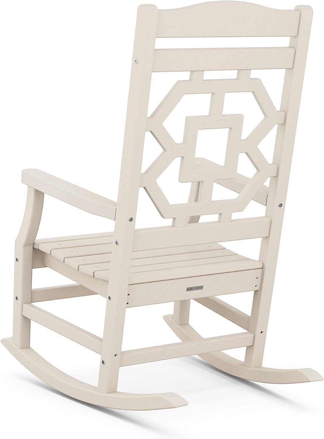 imageMartha Stewart by POLYWOOD Chinoiserie Outdoor Rocking Chair Black Durable HDPE AllWeather Patio Furniture with Decorative Lattice Classic Porch Rocker for Deck Garden amp Backyard Made in the USASand