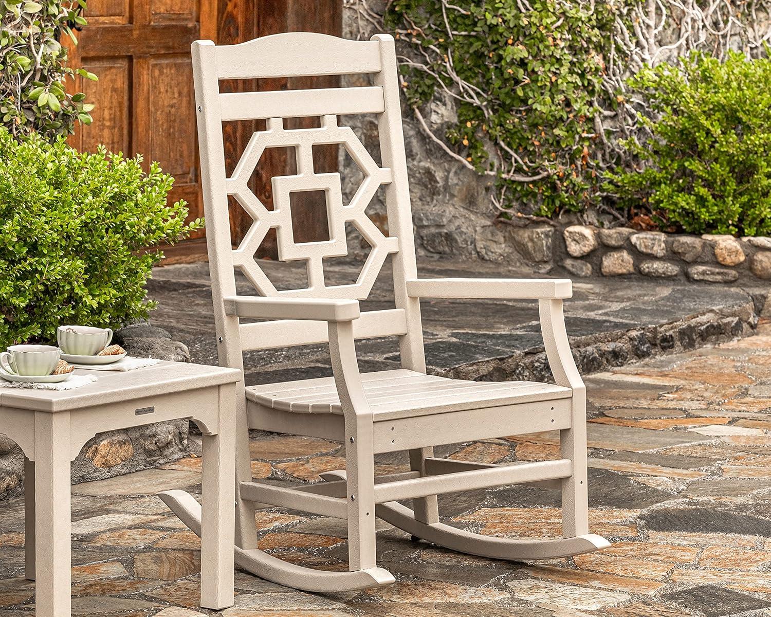 imageMartha Stewart by POLYWOOD Chinoiserie Outdoor Rocking Chair Black Durable HDPE AllWeather Patio Furniture with Decorative Lattice Classic Porch Rocker for Deck Garden amp Backyard Made in the USASlate Grey
