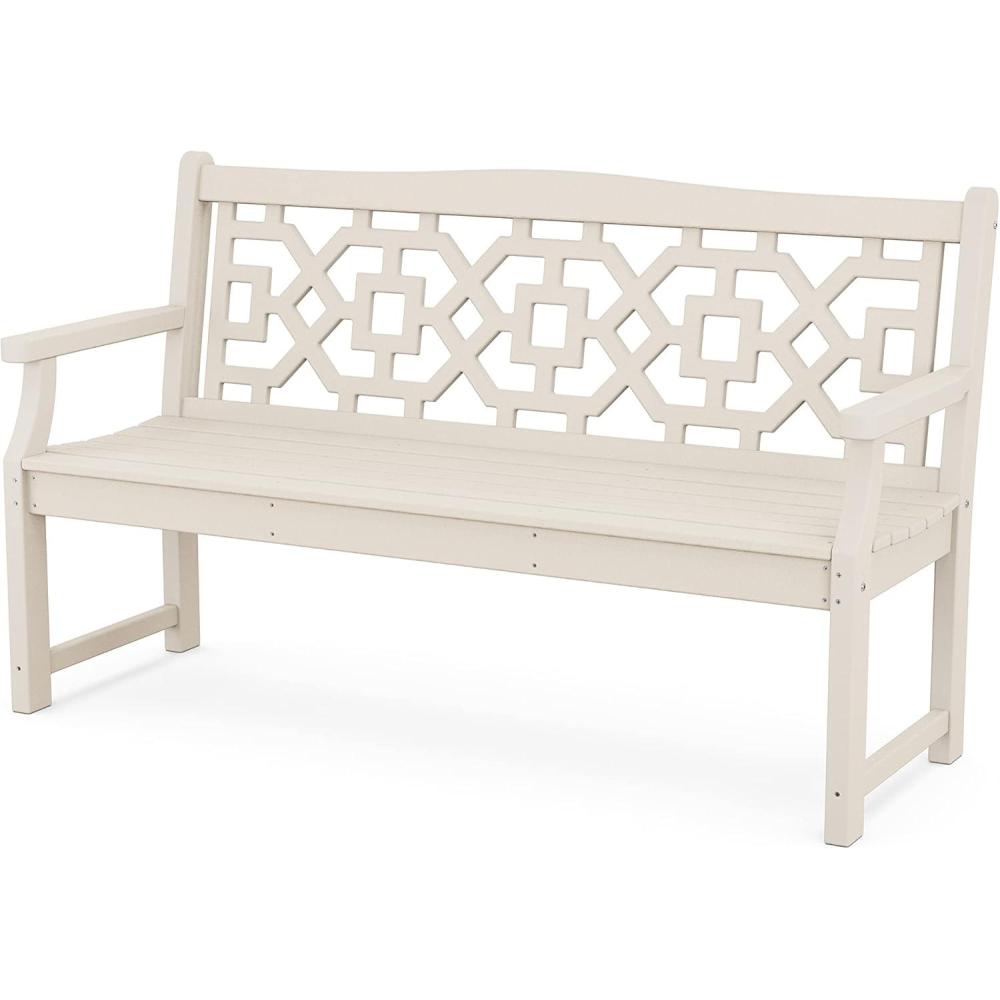 imageMartha Stewart by POLYWOOD Chinoiserie 60 Outdoor Bench Sand  Durable AllWeather HDPE Garden Seat with Back Support  Classic 3 Person Seating for Patio Porch amp Backyard Made in The USASand