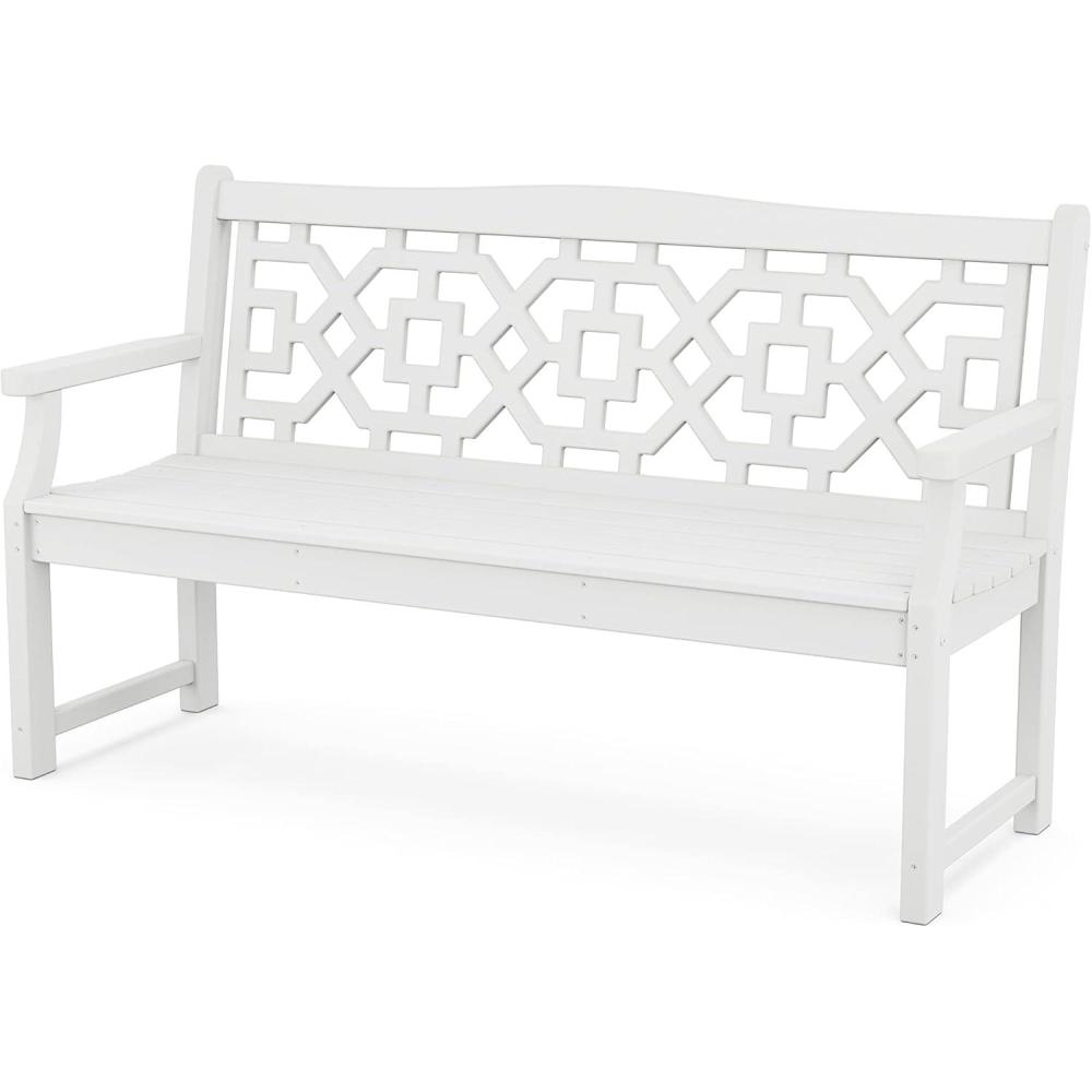 imageMartha Stewart by POLYWOOD Chinoiserie 60 Outdoor Bench Sand Durable AllWeather HDPE Garden Seat with Back Support Classic 3 Person Seating for Patio Porch amp Backyard Made in The USAWhite