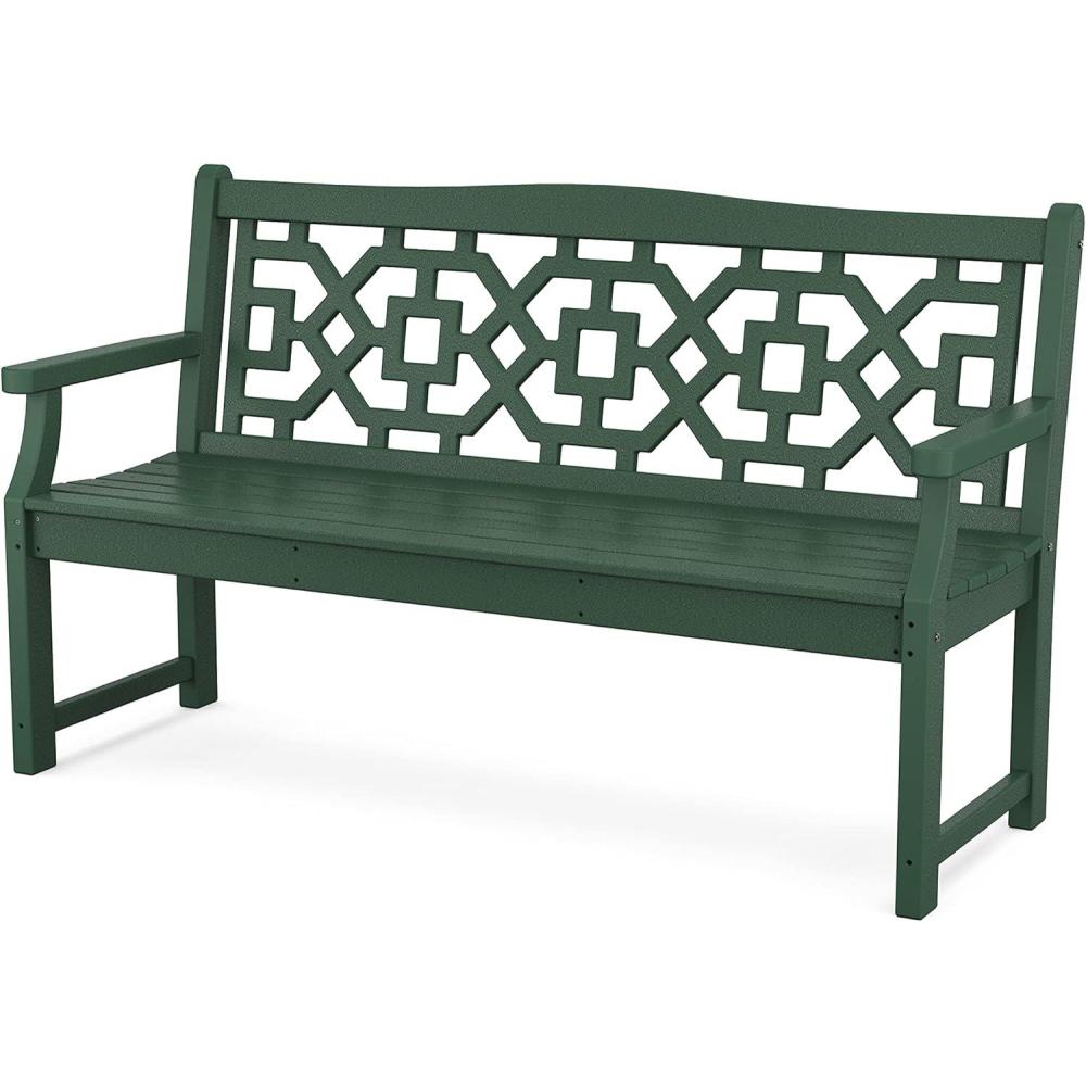 imageMartha Stewart by POLYWOOD Chinoiserie 60 Outdoor Bench Sand Durable AllWeather HDPE Garden Seat with Back Support Classic 3 Person Seating for Patio Porch amp Backyard Made in The USAGreen