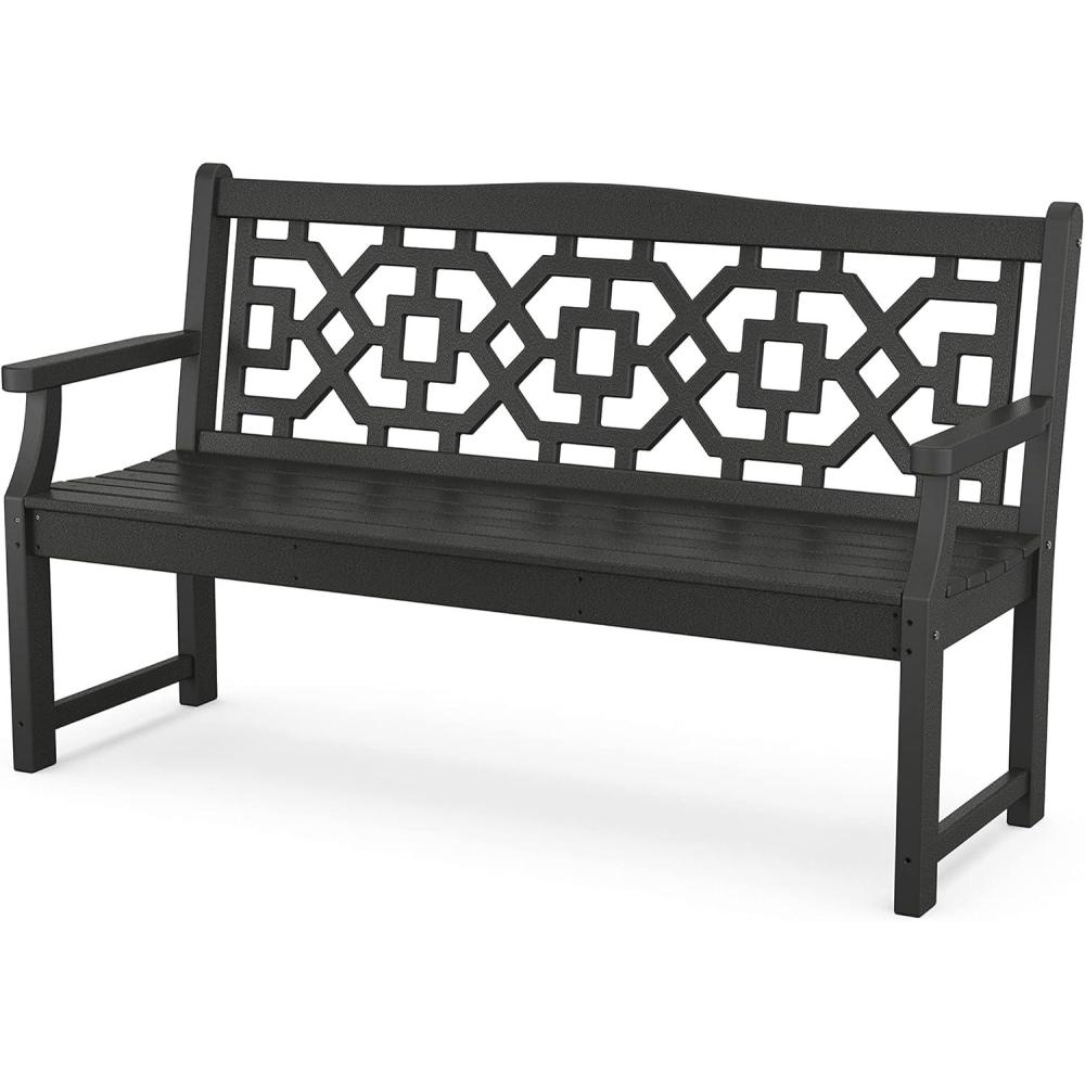imageMartha Stewart by POLYWOOD Chinoiserie 60 Outdoor Bench Sand Durable AllWeather HDPE Garden Seat with Back Support Classic 3 Person Seating for Patio Porch amp Backyard Made in The USABlack