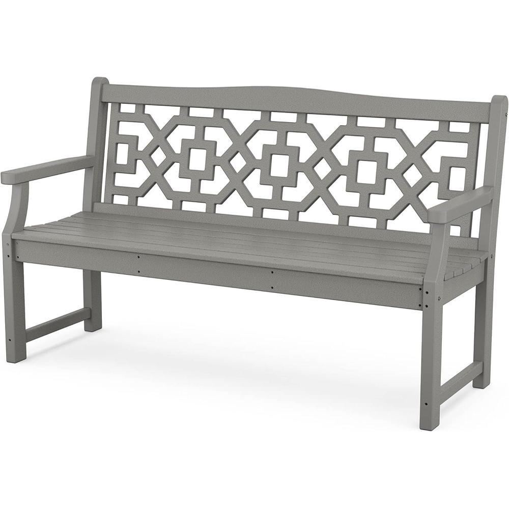 imageMartha Stewart by POLYWOOD Chinoiserie 60 Outdoor Bench Sand Durable AllWeather HDPE Garden Seat with Back Support Classic 3 Person Seating for Patio Porch amp Backyard Made in The USASlate Grey