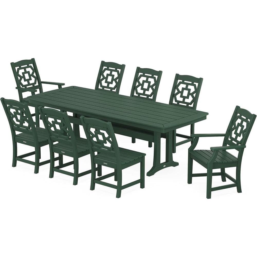 imageMartha Stewart by POLYWOOD Chinoiserie 9Piece Dining Set with Trestle Legs in TeakGreen