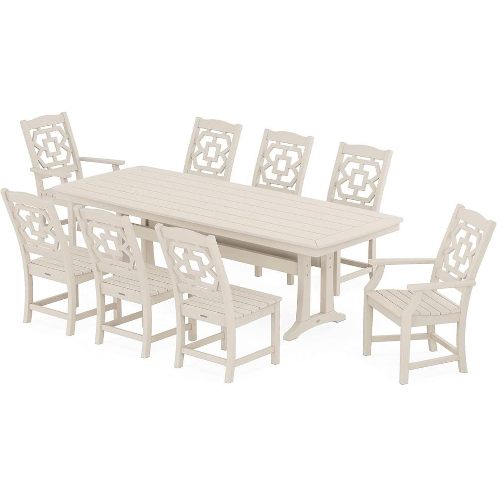 imageMartha Stewart by POLYWOOD Chinoiserie 9Piece Dining Set with Trestle Legs in TeakSand