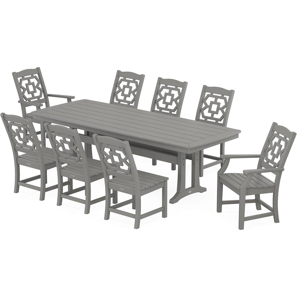 imageMartha Stewart by POLYWOOD Chinoiserie 9Piece Dining Set with Trestle Legs in TeakSlate Grey