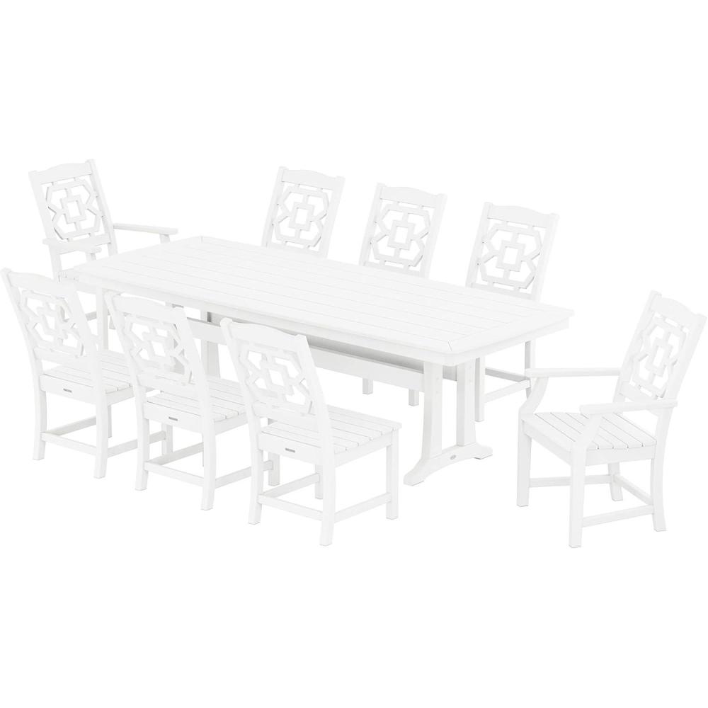 imageMartha Stewart by POLYWOOD Chinoiserie 9Piece Dining Set with Trestle Legs in TeakWhite