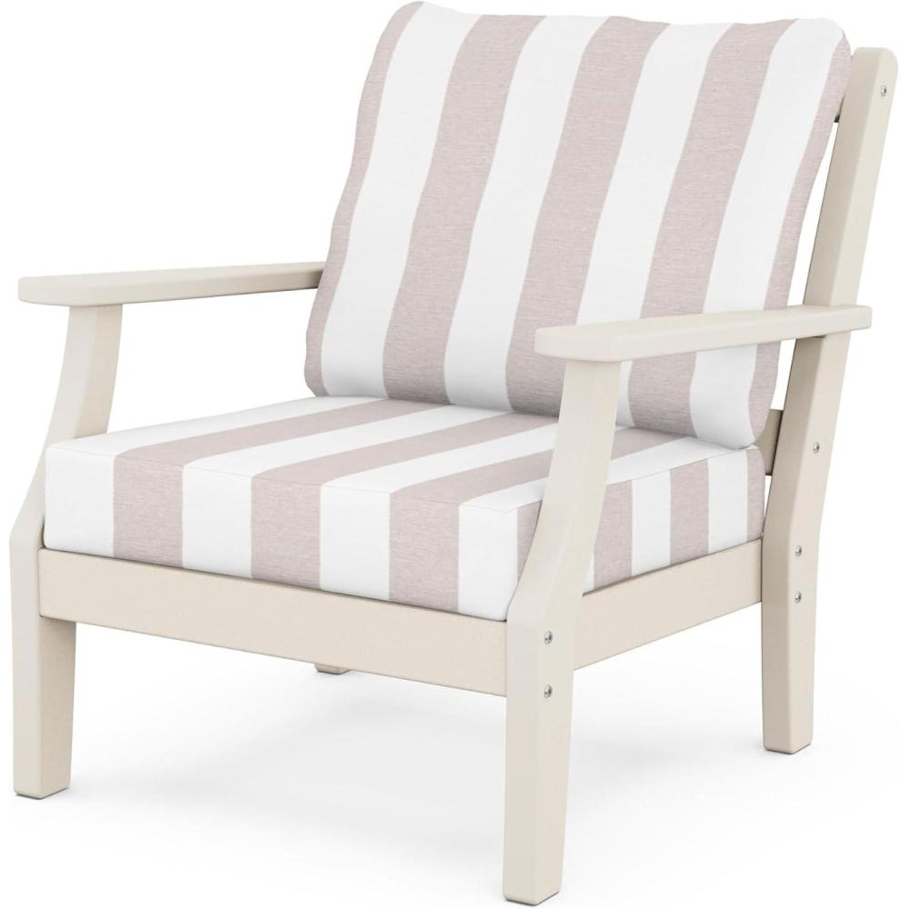 imageMartha Stewart by POLYWOOD Chinoiserie Outdoor Deep Seating Chair with Cushion Slate GreyNatural Linen Durable and Comfortable HDPE AllWeather Patio Furniture for Deck Backyard Made in The USASand Cabana Stripe Dune Burlap