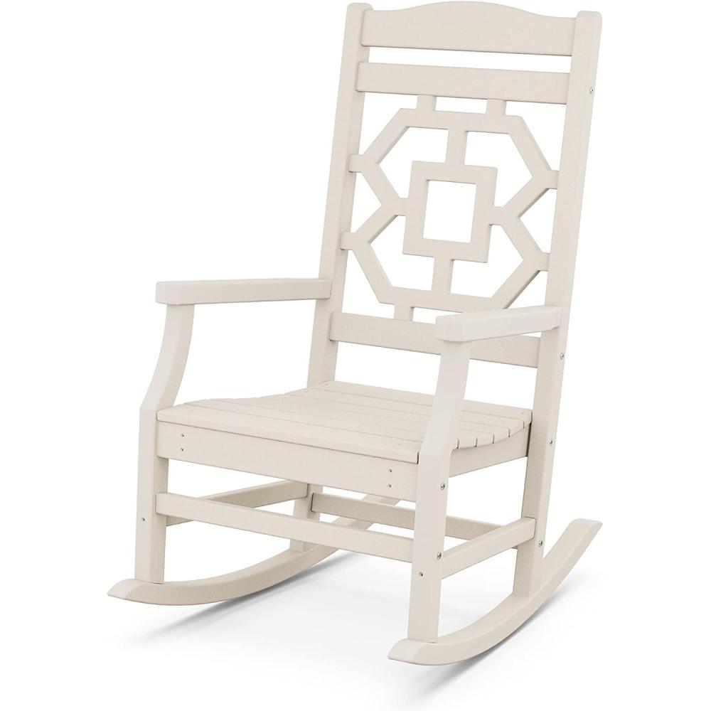 imageMartha Stewart by POLYWOOD Chinoiserie Outdoor Rocking Chair Black Durable HDPE AllWeather Patio Furniture with Decorative Lattice Classic Porch Rocker for Deck Garden amp Backyard Made in the USASand