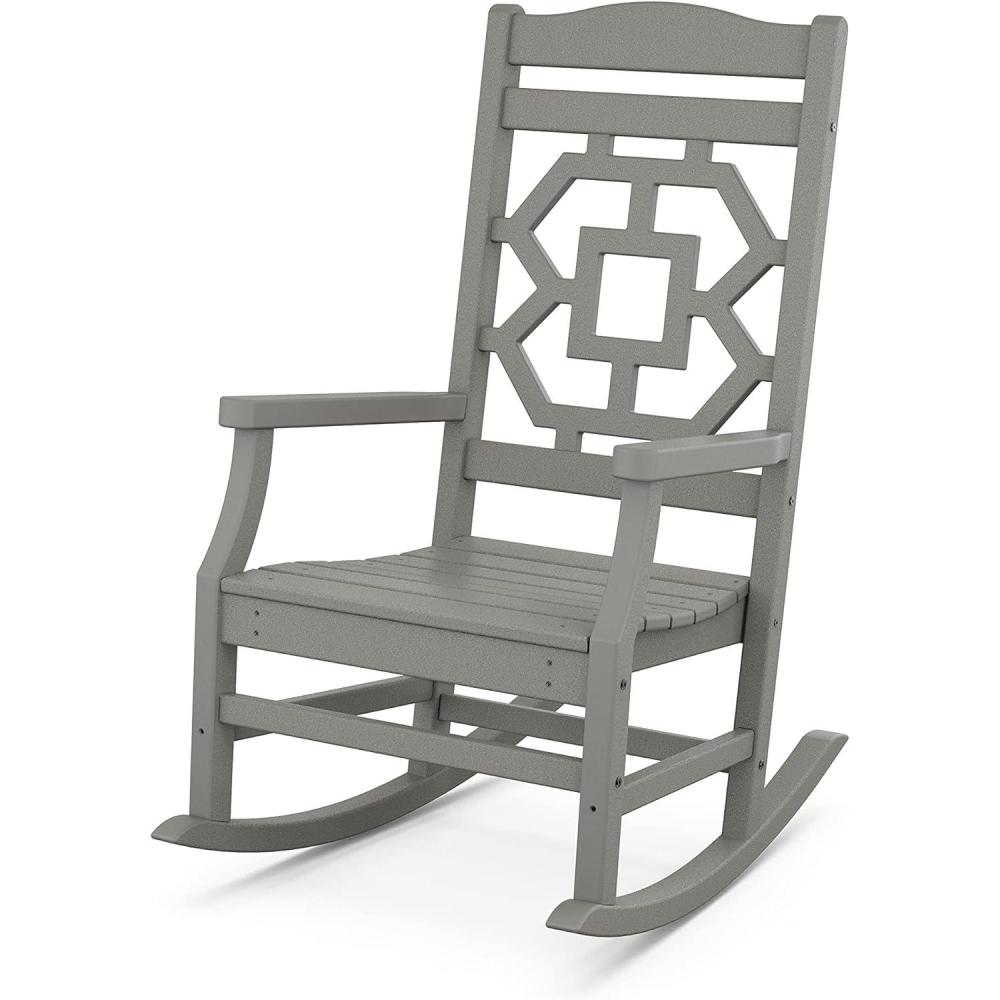 imageMartha Stewart by POLYWOOD Chinoiserie Outdoor Rocking Chair Black Durable HDPE AllWeather Patio Furniture with Decorative Lattice Classic Porch Rocker for Deck Garden amp Backyard Made in the USASlate Grey