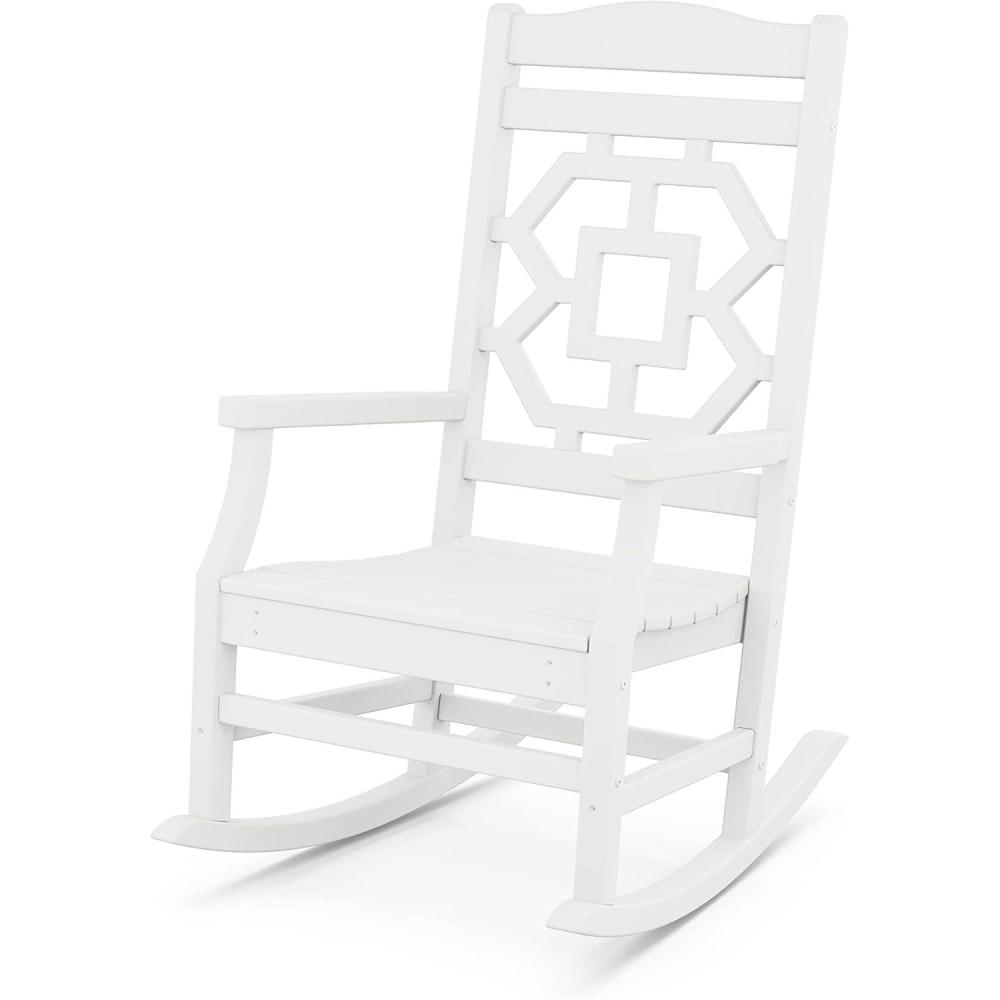imageMartha Stewart by POLYWOOD Chinoiserie Outdoor Rocking Chair Black Durable HDPE AllWeather Patio Furniture with Decorative Lattice Classic Porch Rocker for Deck Garden amp Backyard Made in the USAWhite