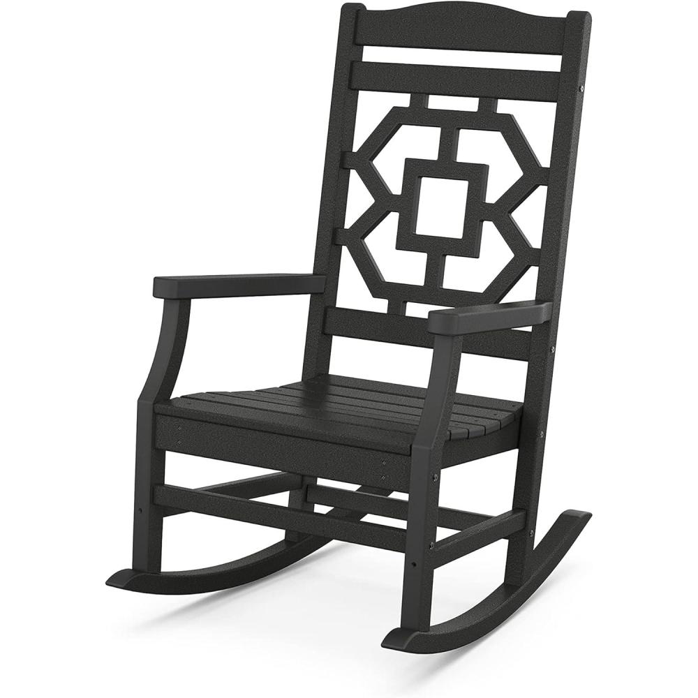 imageMartha Stewart by POLYWOOD Chinoiserie Outdoor Rocking Chair Black Durable HDPE AllWeather Patio Furniture with Decorative Lattice Classic Porch Rocker for Deck Garden amp Backyard Made in the USABlack