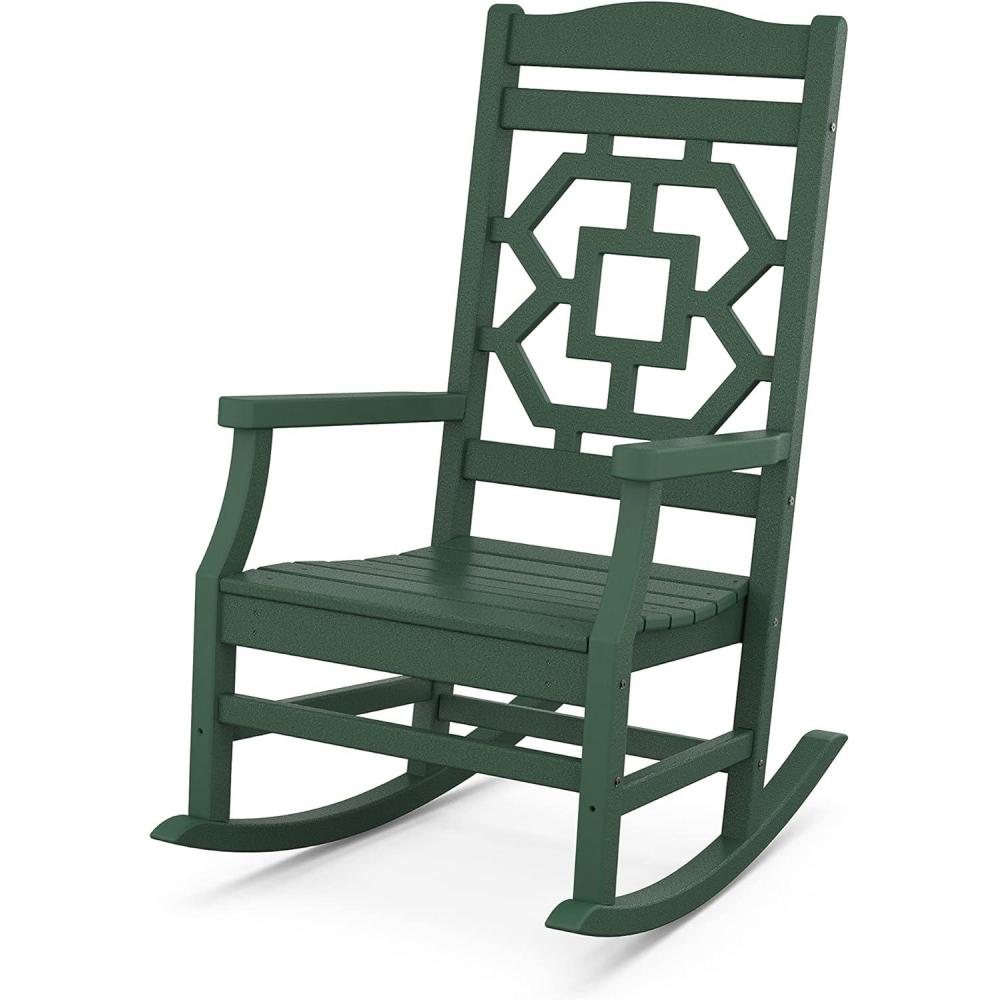imageMartha Stewart by POLYWOOD Chinoiserie Outdoor Rocking Chair Black Durable HDPE AllWeather Patio Furniture with Decorative Lattice Classic Porch Rocker for Deck Garden amp Backyard Made in the USAGreen