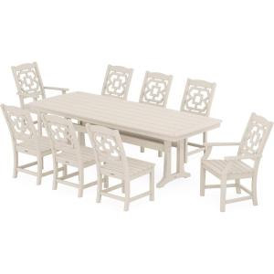 Martha Stewart by POLYWOOD® Chinoiserie 9-Piece Dining Set with Trestle Legs in Teak(Sand)
