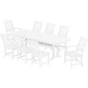 Martha Stewart by POLYWOOD® Chinoiserie 9-Piece Dining Set with Trestle Legs in Teak(White)