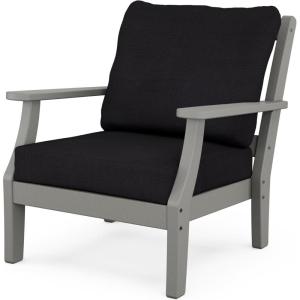 Martha Stewart by POLYWOOD Chinoiserie Outdoor Deep Seating Chair with Cushion, Slate Grey/Natural Linen, Durable and Comfortable HDPE All-Weather Patio Furniture for Deck, Backyard, Made in The USA(Slate Grey / Midnight Linen)