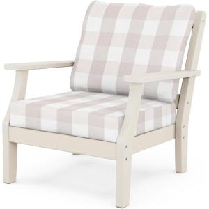 Martha Stewart by POLYWOOD Chinoiserie Outdoor Deep Seating Chair with Cushion, Slate Grey/Natural Linen, Durable and Comfortable HDPE All-Weather Patio Furniture for Deck, Backyard, Made in The USA(Sand / Buffalo Plaid Dune Burlap)