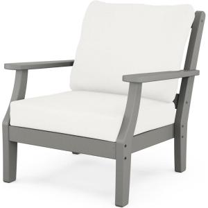 Martha Stewart by POLYWOOD Chinoiserie Outdoor Deep Seating Chair with Cushion, Slate Grey/Natural Linen, Durable and Comfortable HDPE All-Weather Patio Furniture for Deck, Backyard, Made in The USA(Slate Grey / Natural Linen)