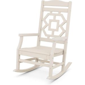 Martha Stewart by POLYWOOD Chinoiserie Outdoor Rocking Chair, Black, Durable HDPE All-Weather Patio Furniture with Decorative Lattice, Classic Porch Rocker for Deck, Garden & Backyard, Made in the USA(Sand)