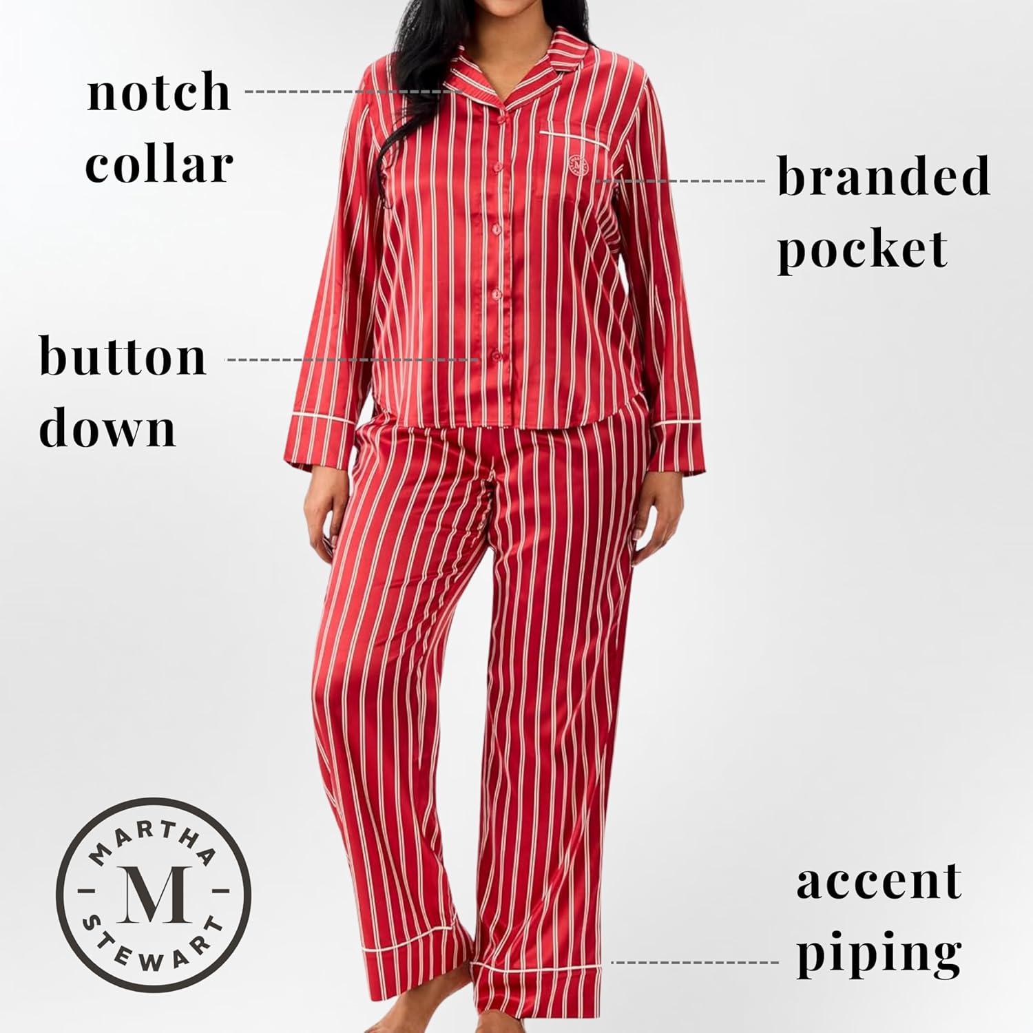 imageMartha Stewart Sleepwear for Women Silky Satin 2Piece Long Sleeve Notch Collar Pajama Set Sleek Soft amp Alluring