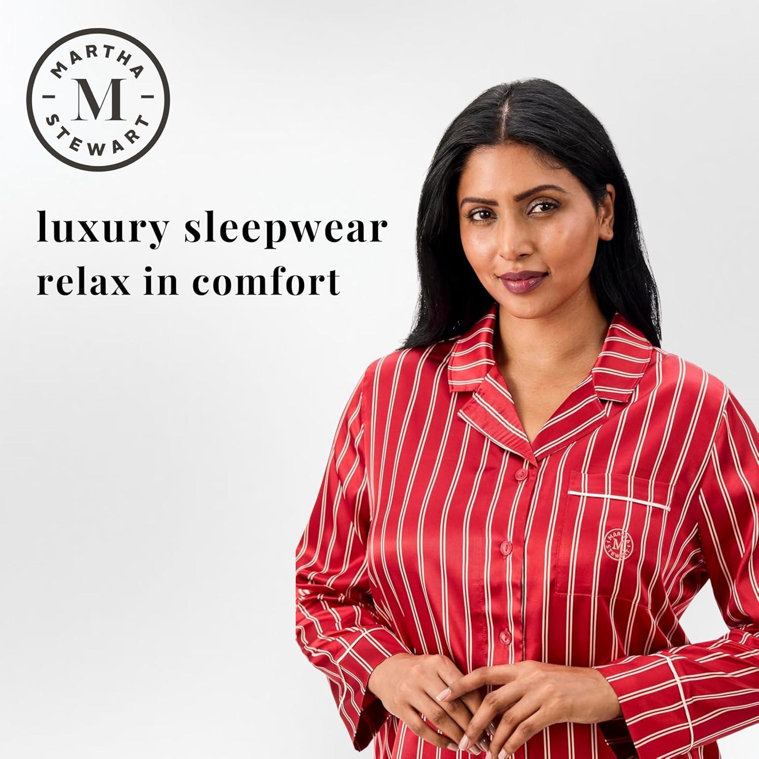 imageMartha Stewart Sleepwear for Women Silky Satin 2Piece Long Sleeve Notch Collar Pajama Set Sleek Soft amp Alluring