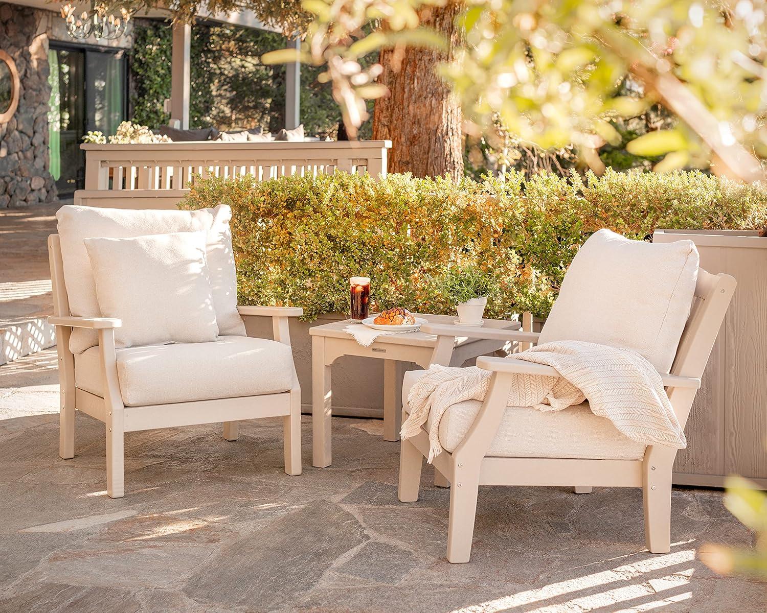 imageMartha Stewart by POLYWOOD Chinoiserie 3Piece Deep Seating Set in MahoganySpiced BurlapSlate Grey Natural Linen
