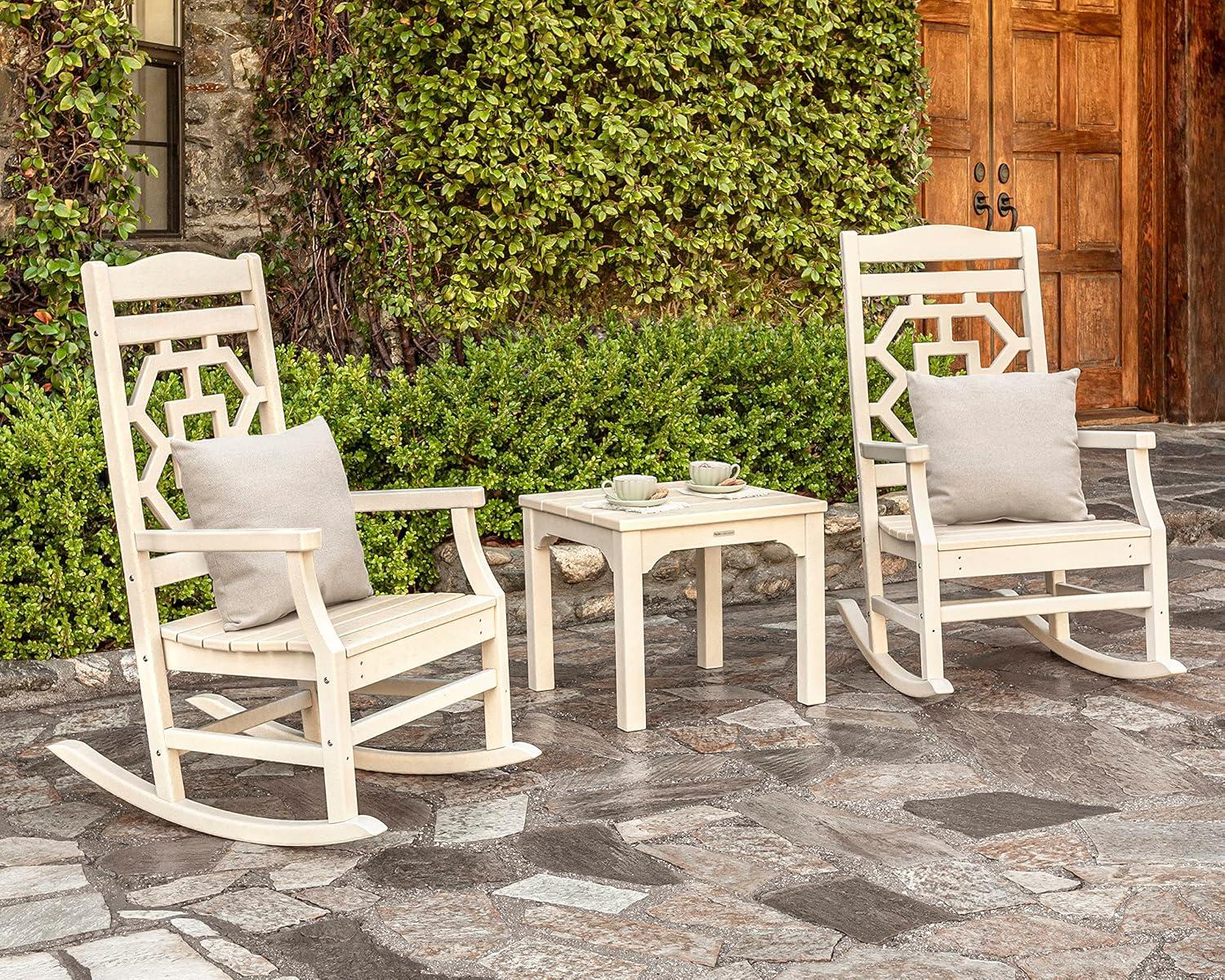imageMartha Stewart by POLYWOOD Chinoiserie 3Piece Outdoor Rocking Chair Set with Patio Side Table Black HDPE AllWeather Furniture Classic Porch Rockers for Deck Garden amp Backyard Made in The USASlate Grey